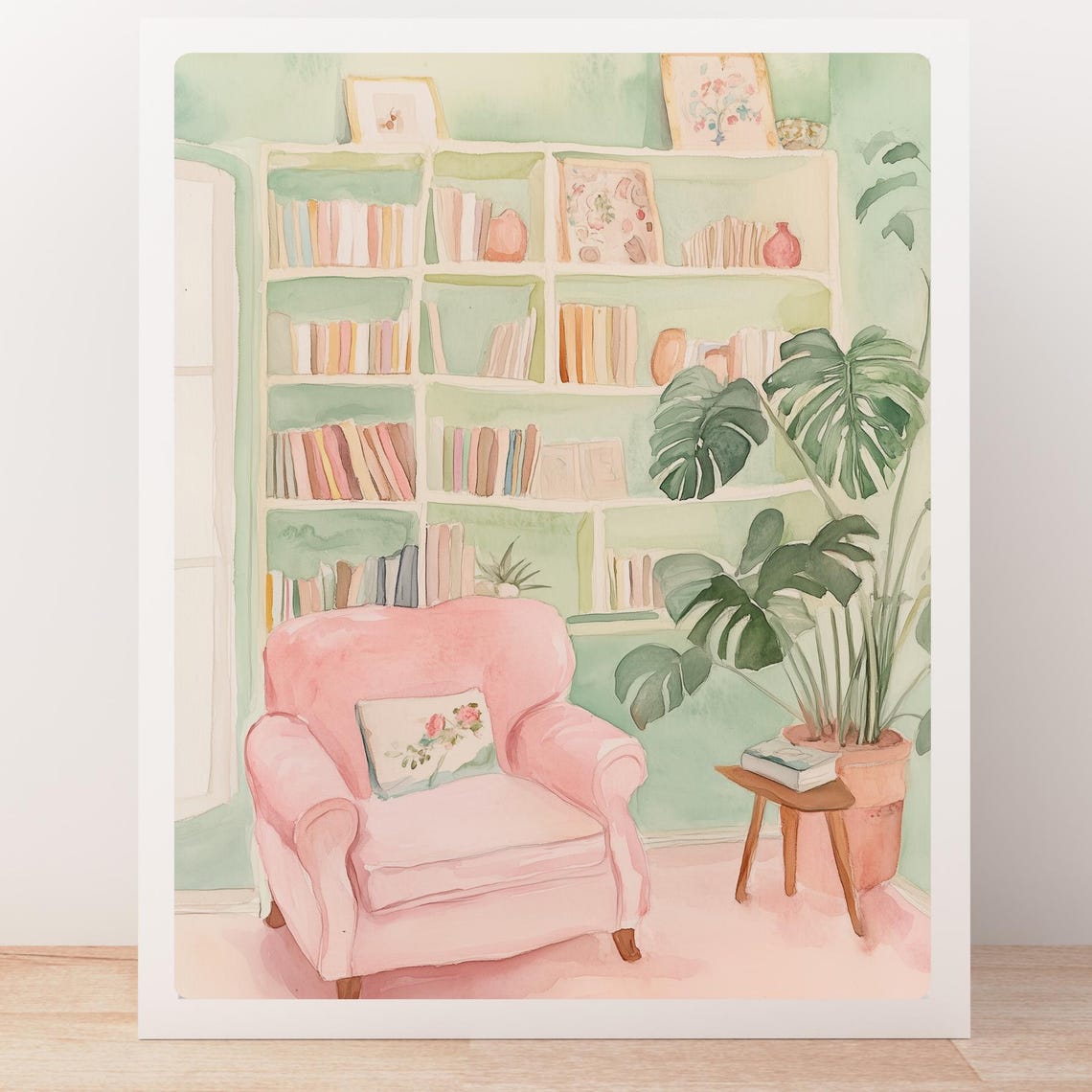 Cozy Pink Reading Nook with Armchair and White Bookshelf Poster - Image 5