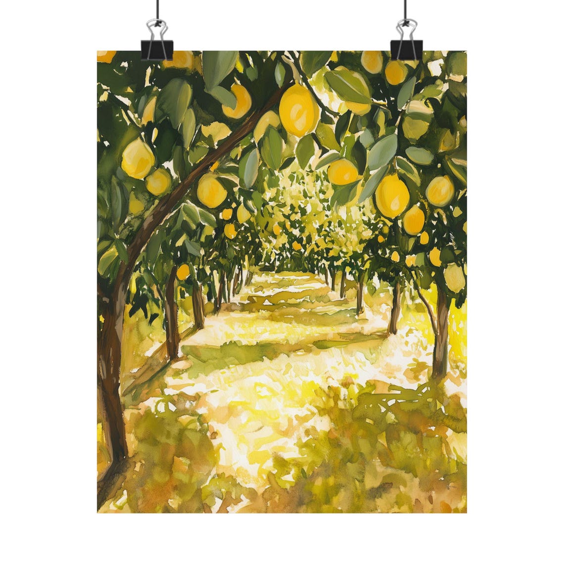 Sunlit Lemon Grove Citrus Orchard Dappled Light Watercolor Poster