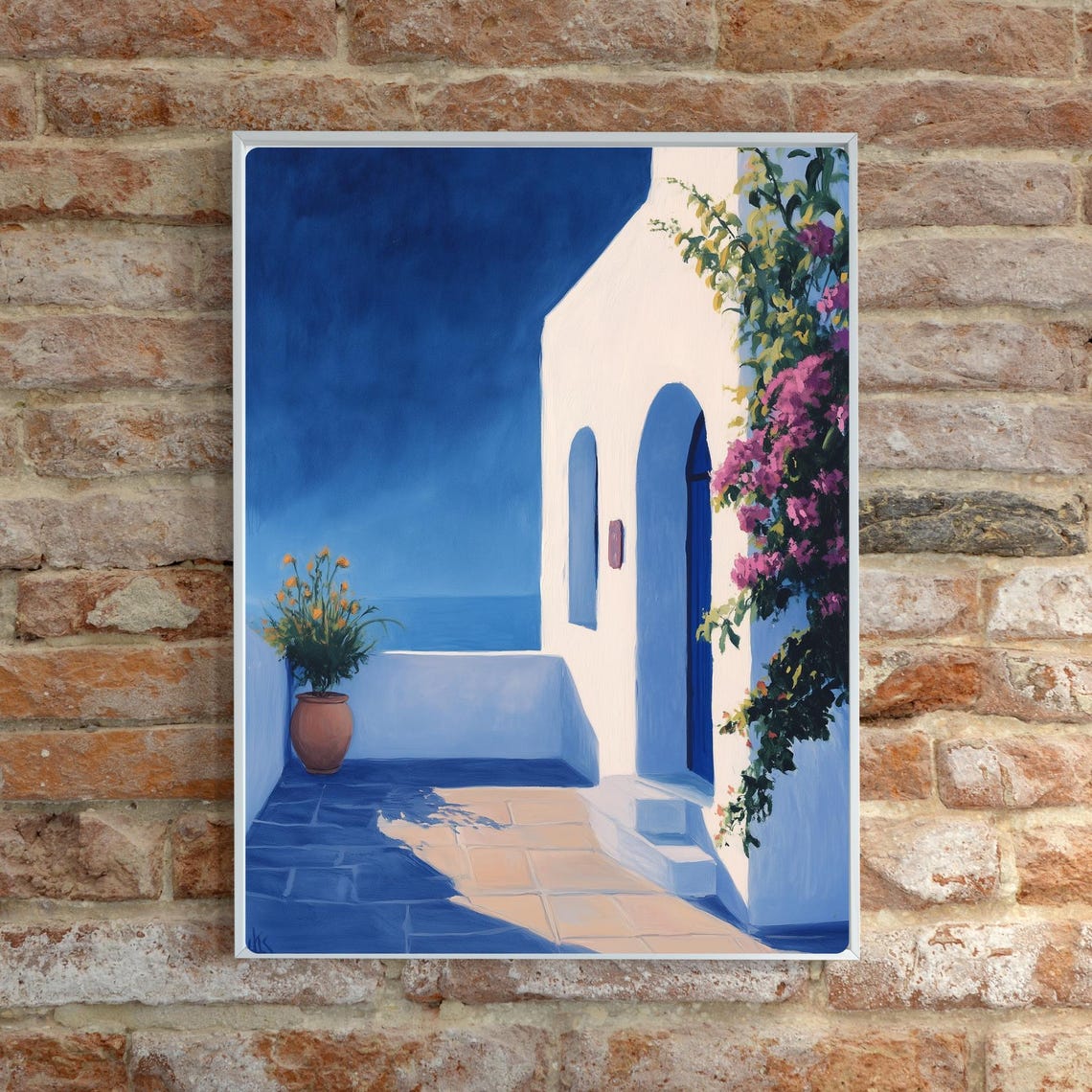 Santorini Greece Courtyard Blue Door Pink Bougainvillea Terrace Poster - Image 2