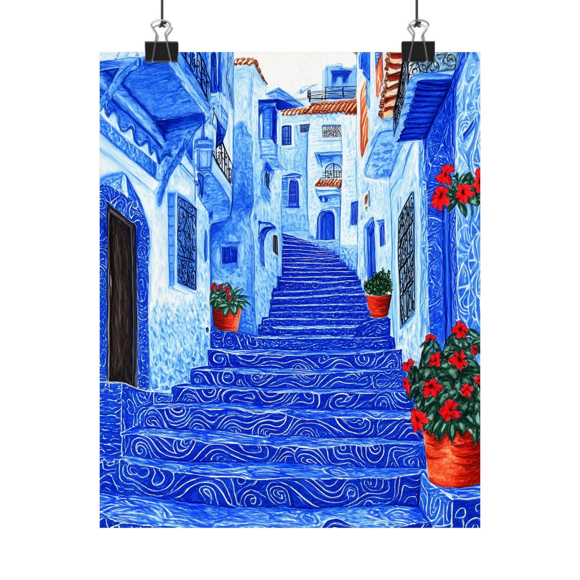 Chefchaouen Morocco Blue Painted Steps with Red Flowers Poster