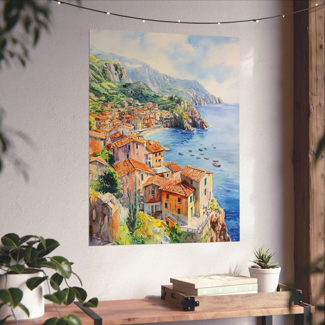 Italian Coastal Fishing Village Cliffside Aerial Watercolor Poster - Image 6