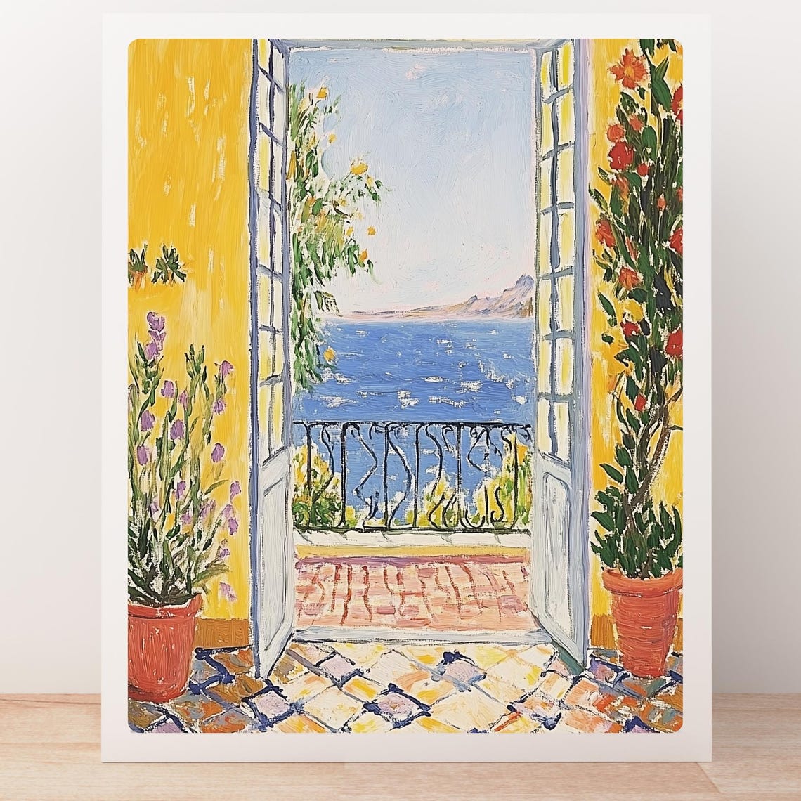 Sunlit Yellow Balcony Doors Opening to the Mediterranean Sea Poster - Image 5