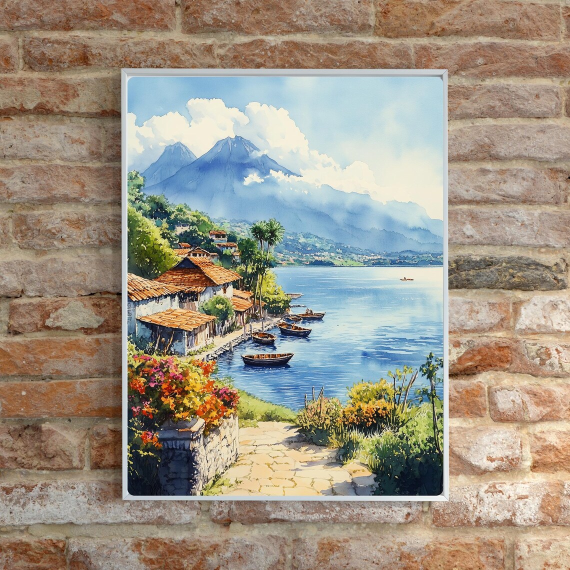Lake Atitlan Fishing Village Wooden Boats Volcano Watercolor Poster - Image 5