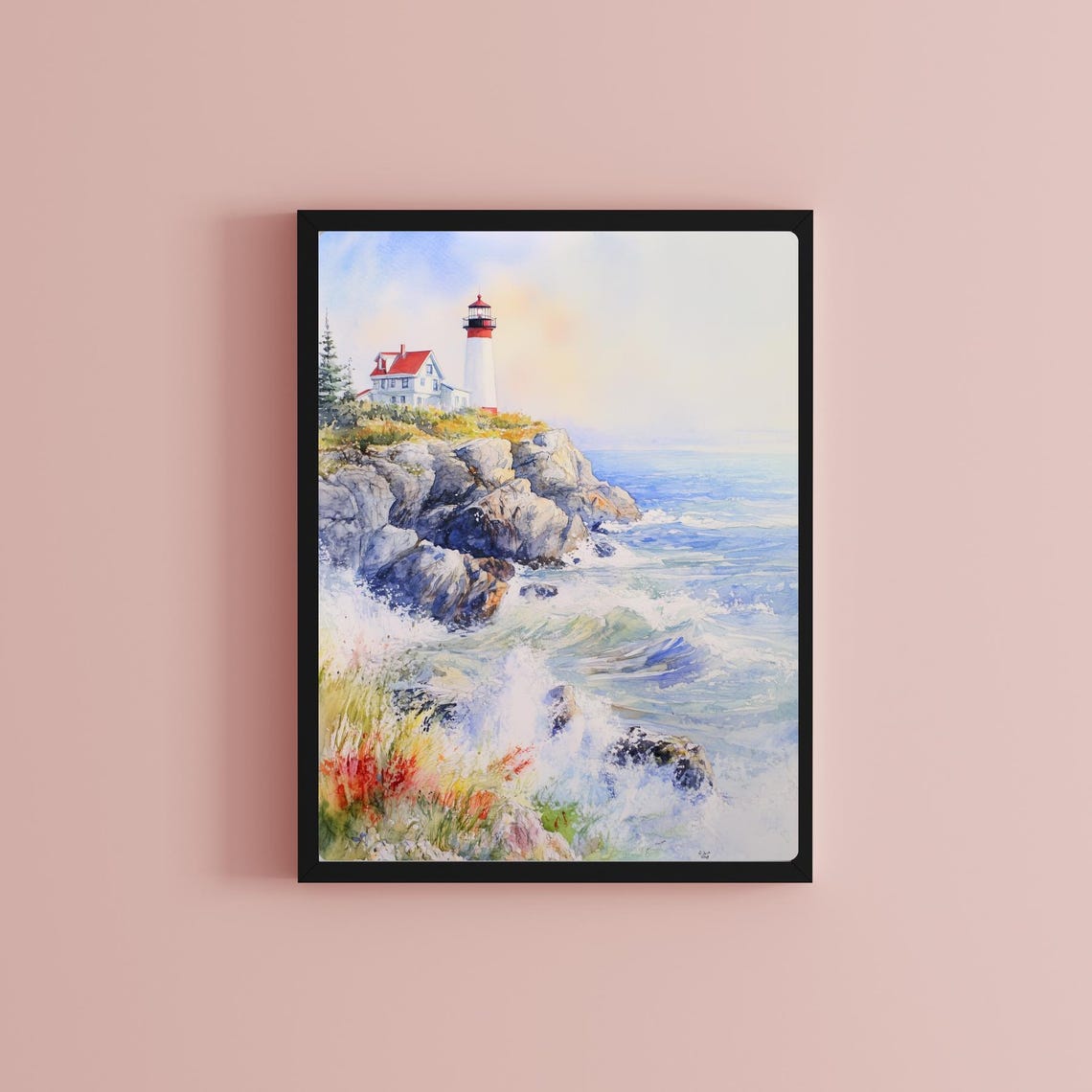 Maine Lighthouse Waves Crashing Rocky Coast Watercolor Poster - Image 2