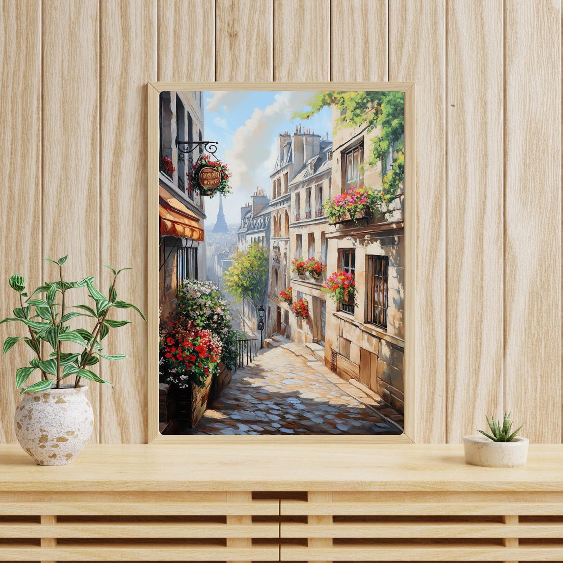 Parisian Cobblestone Street with Eiffel Tower View Flower Shops Poster - Image 4