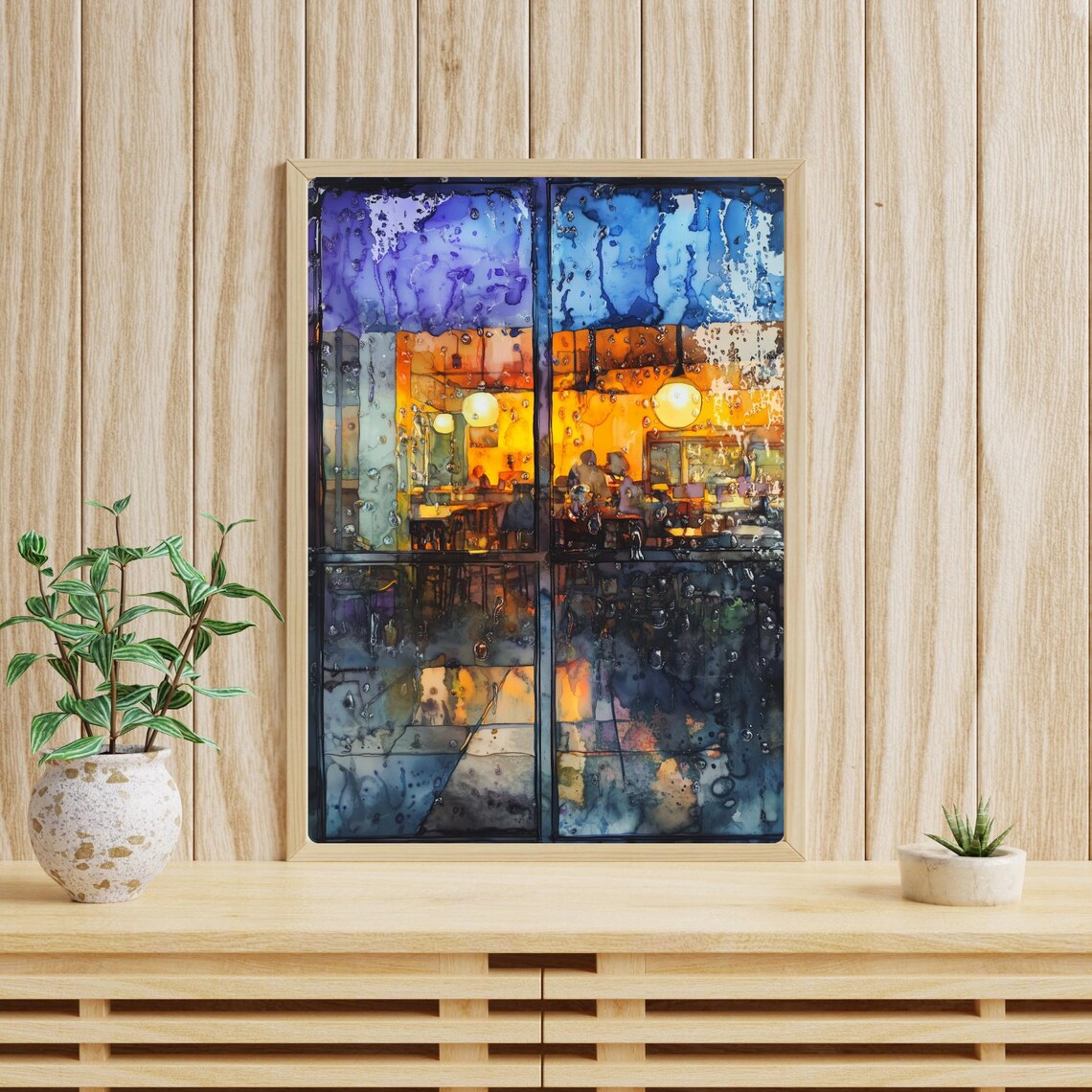 Rain Streaked Window Painting Coffee Shop Art Moody Cafe Scene Decor Rainy Weather Print Window View Wall Art - Image 4