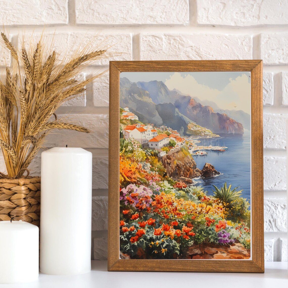 Madeira Cliffside Coastal Town Watercolor Portugal Travel Poster - Image 3