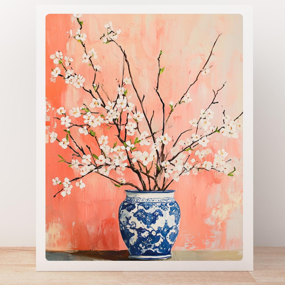 Cherry Blossom Branches in a Blue Porcelain Vase on Coral Print - Image 5