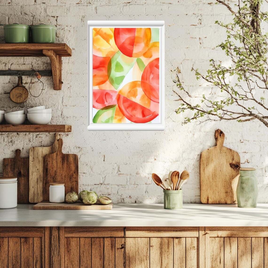 Abstract Tomato Art Print Watercolor Sliced Tomatoes Modern Kitchen Wall Art Red And Green Painting Minimalist Food Decor - Image 3
