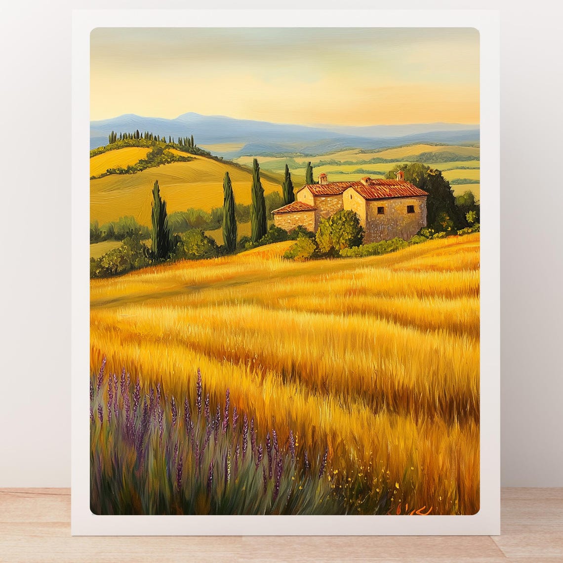 Tuscan Stone Farmhouse Among Golden Wheat Fields at Dusk Poster - Image 5