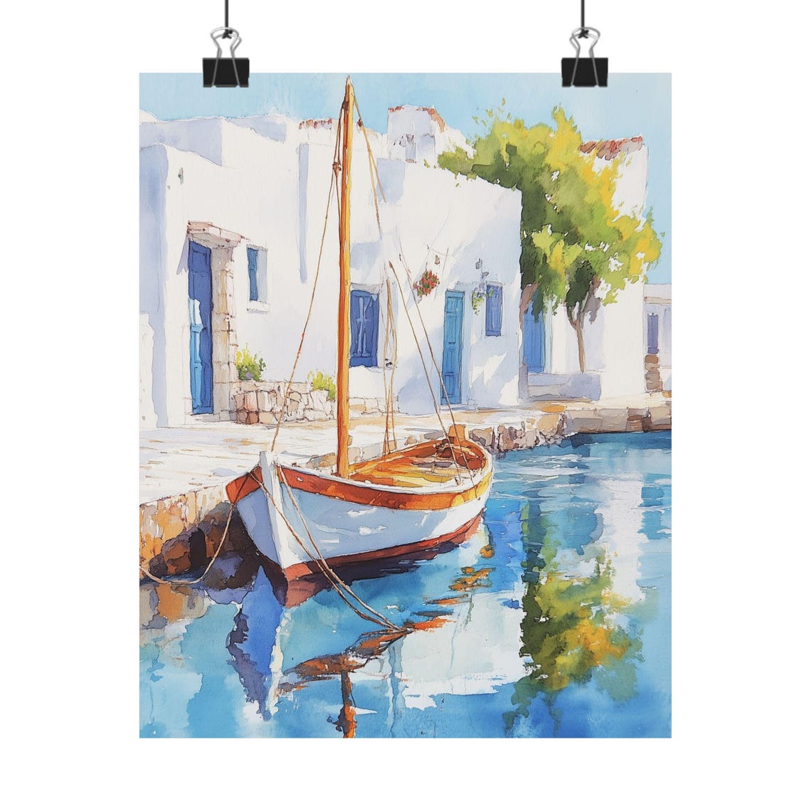 Whitewashed Greek Island Harbor with a Moored Sailboat Poster