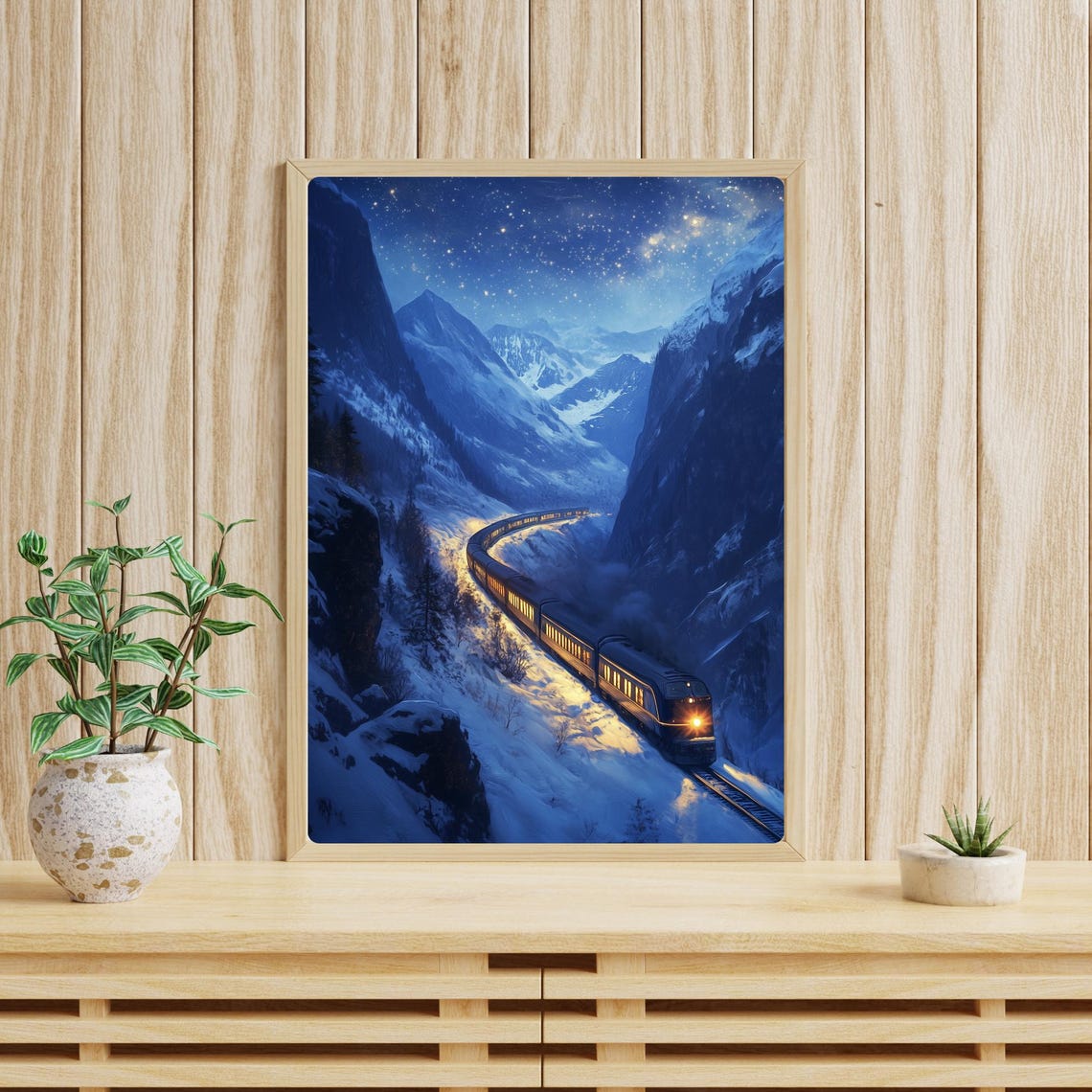 Winter Night Train Crossing Snowy Mountain Peaks Under Stars Poster - Image 3