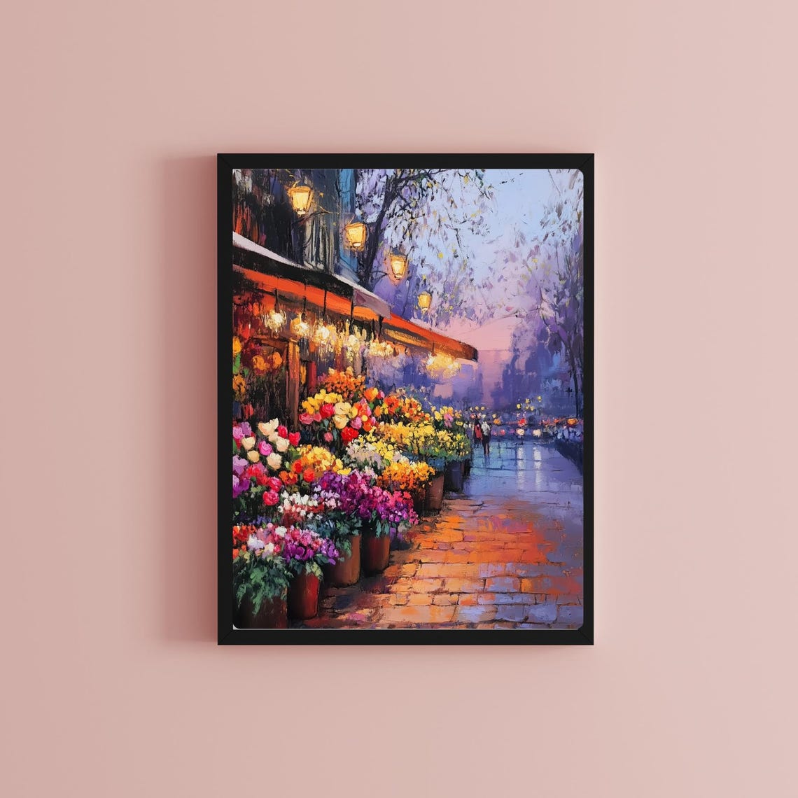 Rainy Evening Flower Market Street Glow Impressionist Poster - Image 2