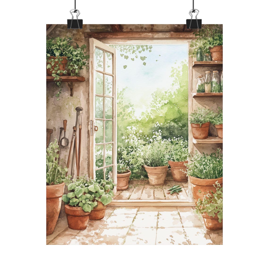 Sunlit Old Greenhouse Interior with Terracotta Potted Plants Print