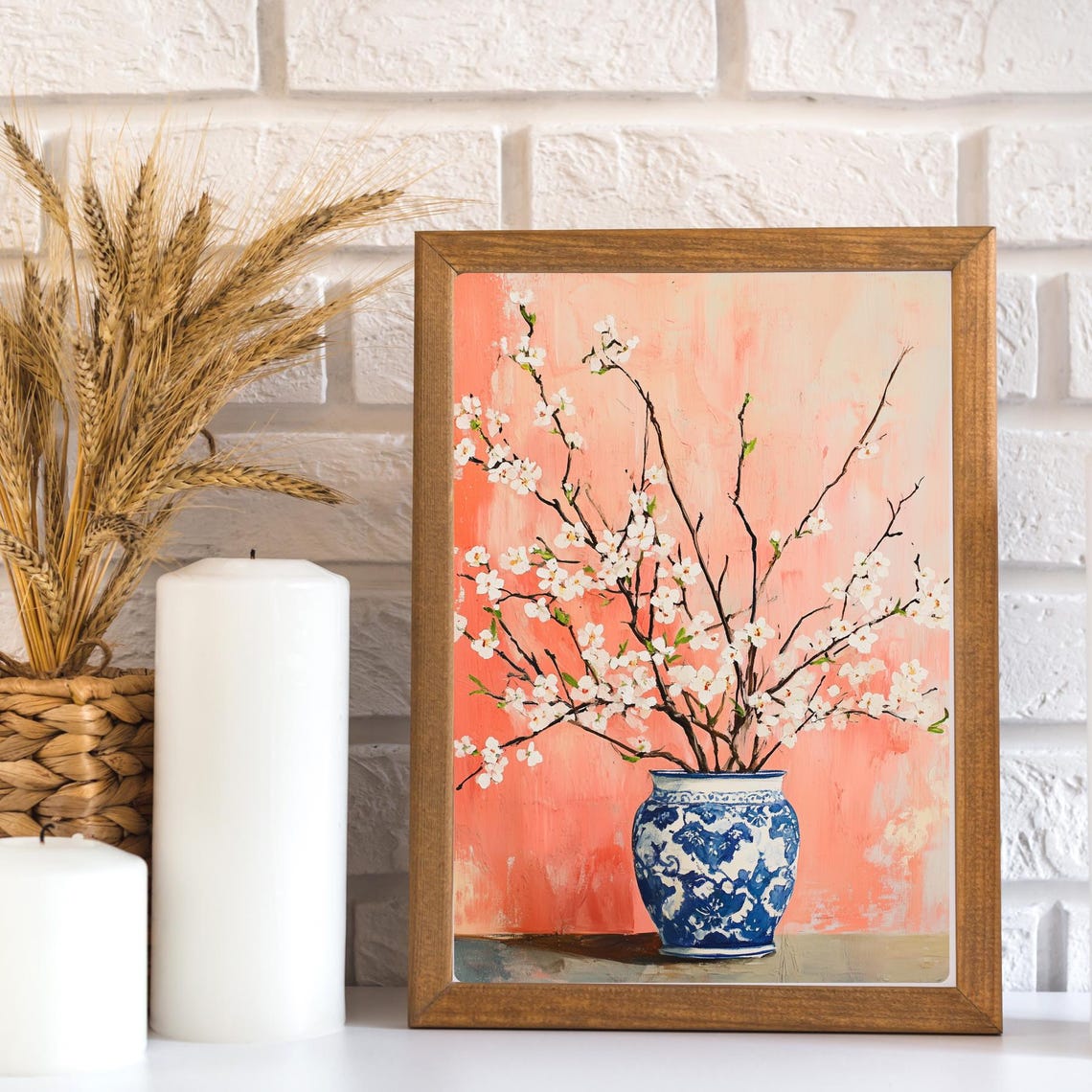 Cherry Blossom Branches in a Blue Porcelain Vase on Coral Print - Image 3