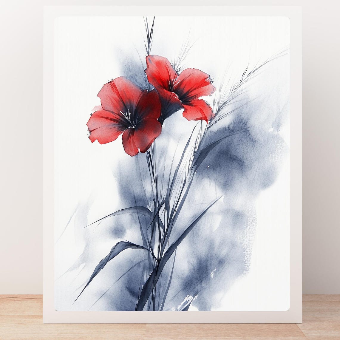 Red Blossom Ink Wash Painting in Minimalist Floral Style Print - Image 6