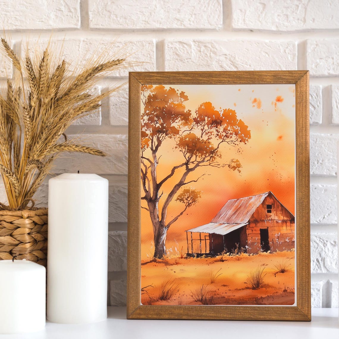Weathered Barn at Sunset Autumn Tree Rustic Watercolor Poster - Image 3