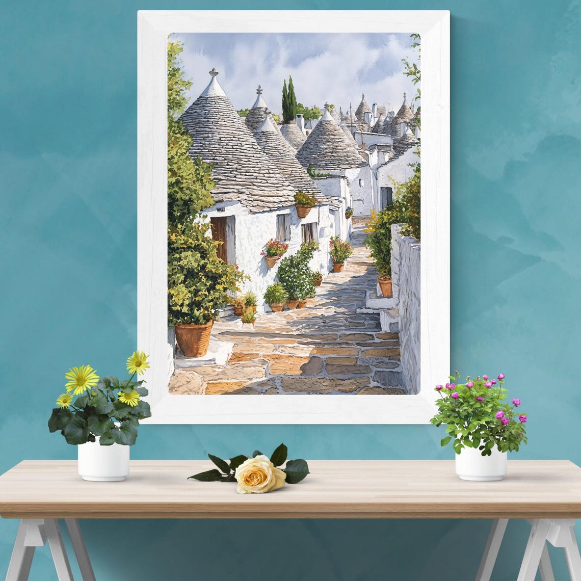 Alberobello Trulli Alley Flower Pots Sunlit Stone Lane Poster - Image 3