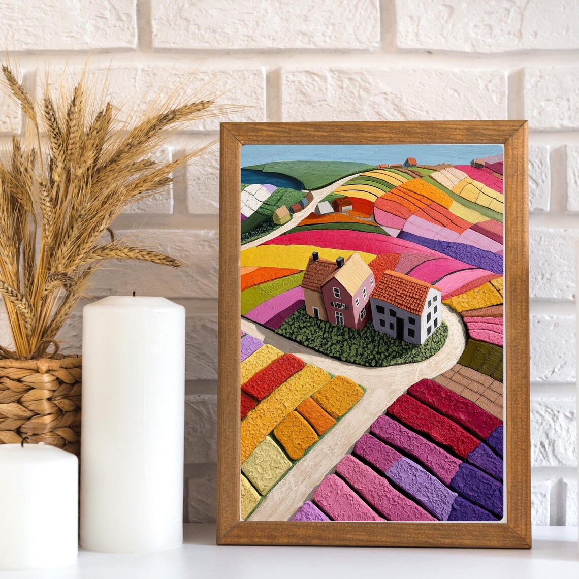 Whimsical Striped Tulip Fields with Farmhouses from Above Poster - Image 3