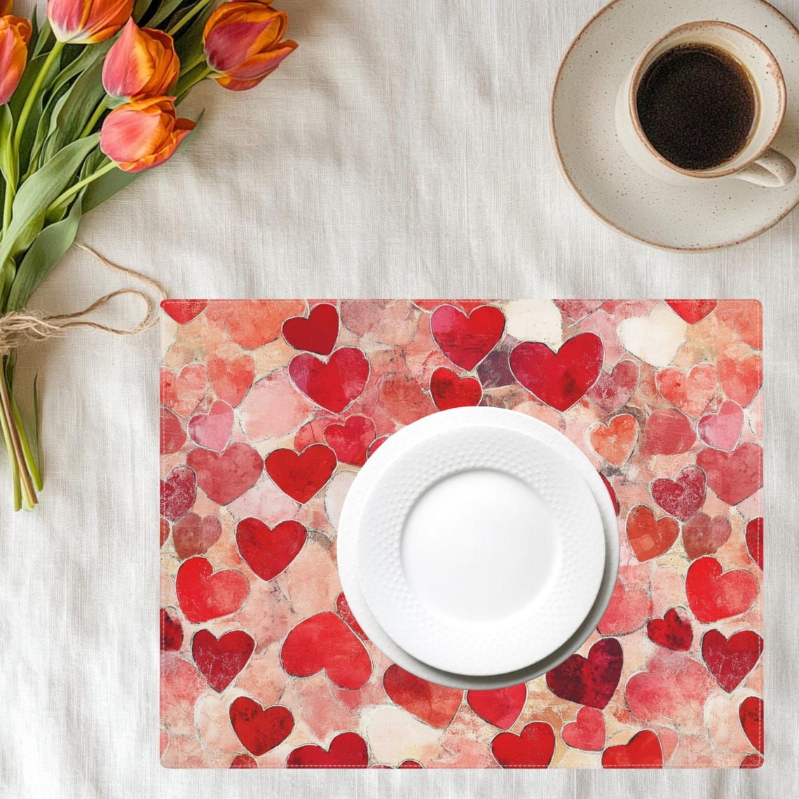 Watercolor Red Hearts Romantic Valentine Table Placemat Decor Print - Image 3