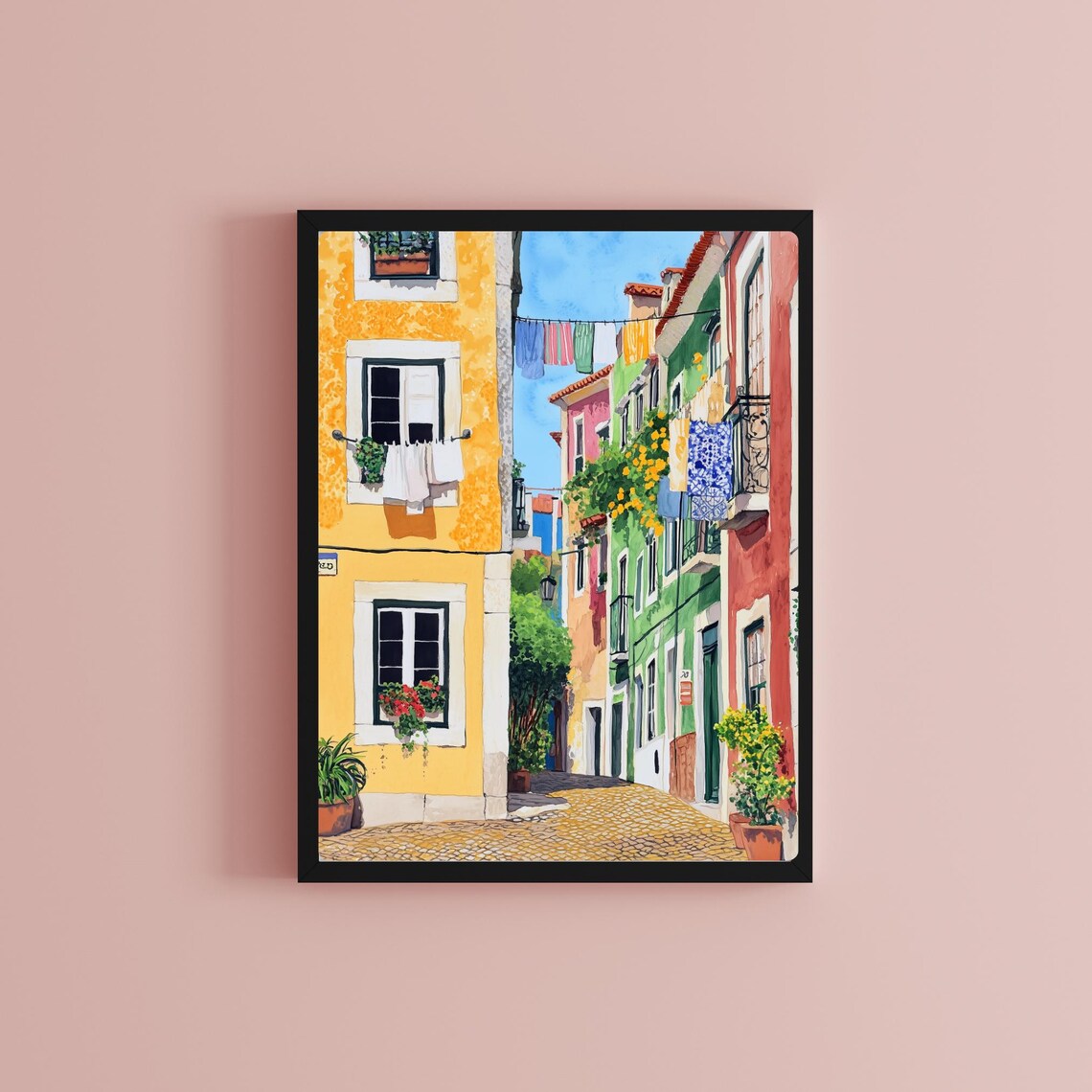 Alfama Lisbon Cobblestone Street with Hanging Laundry Lines Poster - Image 2