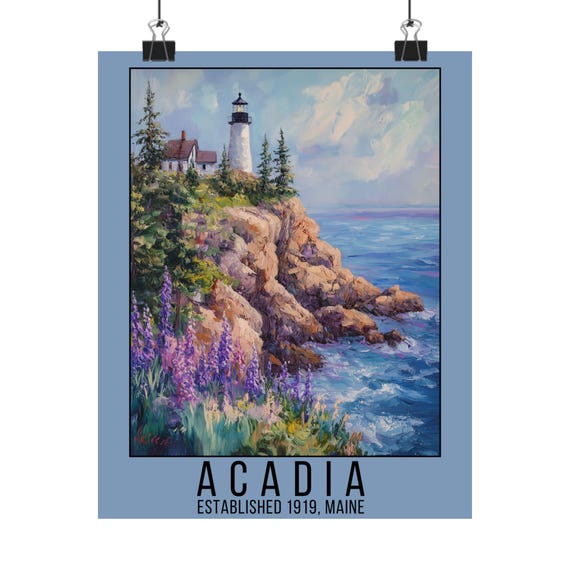 Acadia National Park Landscape Painting Coastal Overlook Scenic Art Print Maine Nature Decor Lighthouse Art Watercolor Print