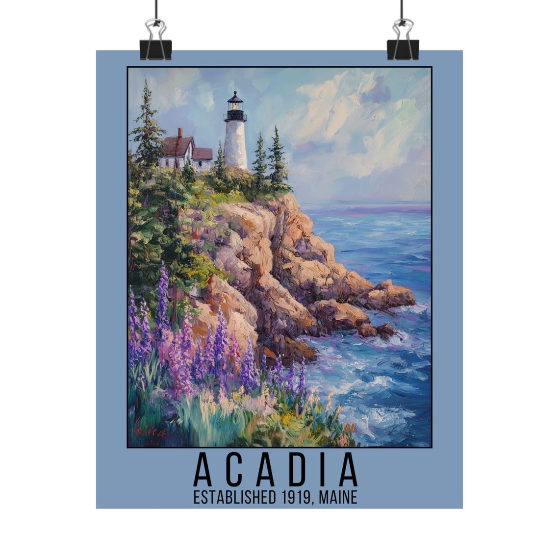 Acadia Maine National Park Lighthouse Coastal Cliff Wildflowers Poster