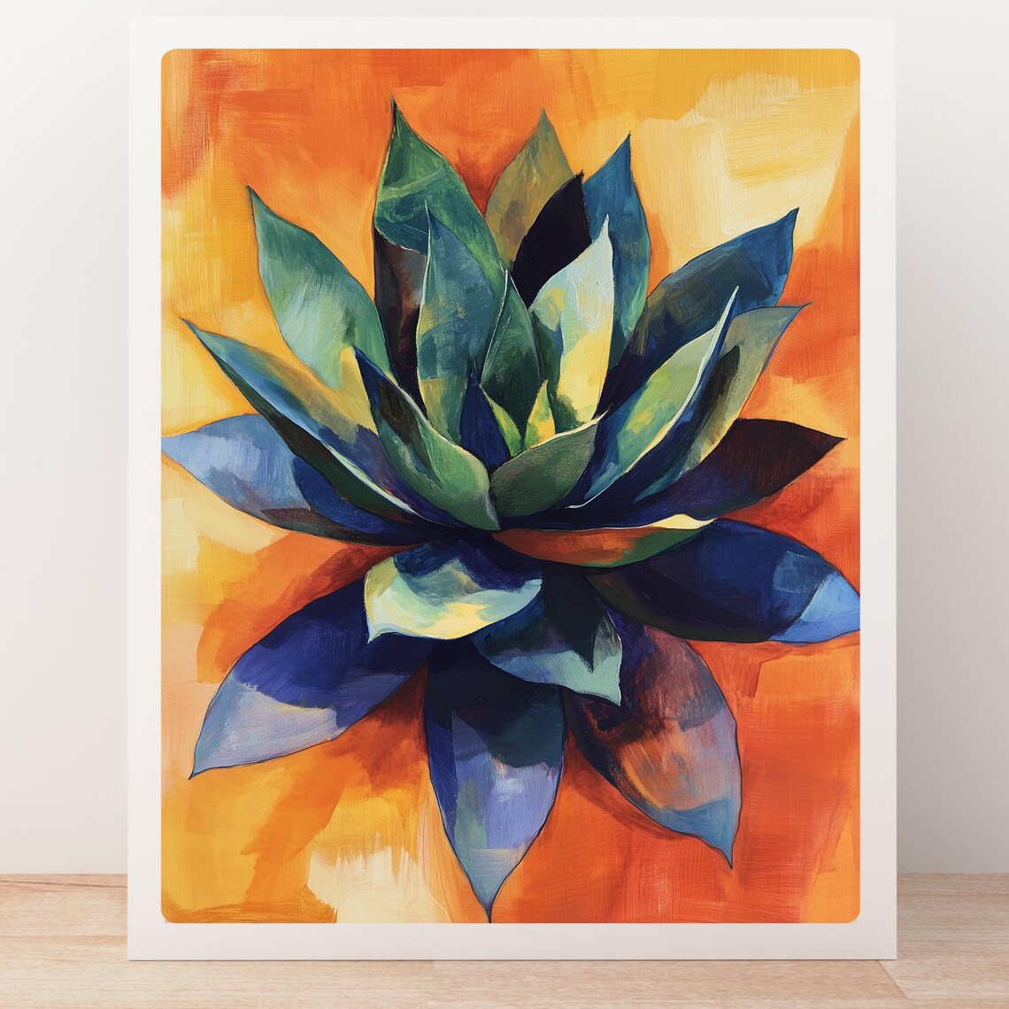 Blue Agave Oil Painting Bold Orange Background Botanical Poster - Image 5