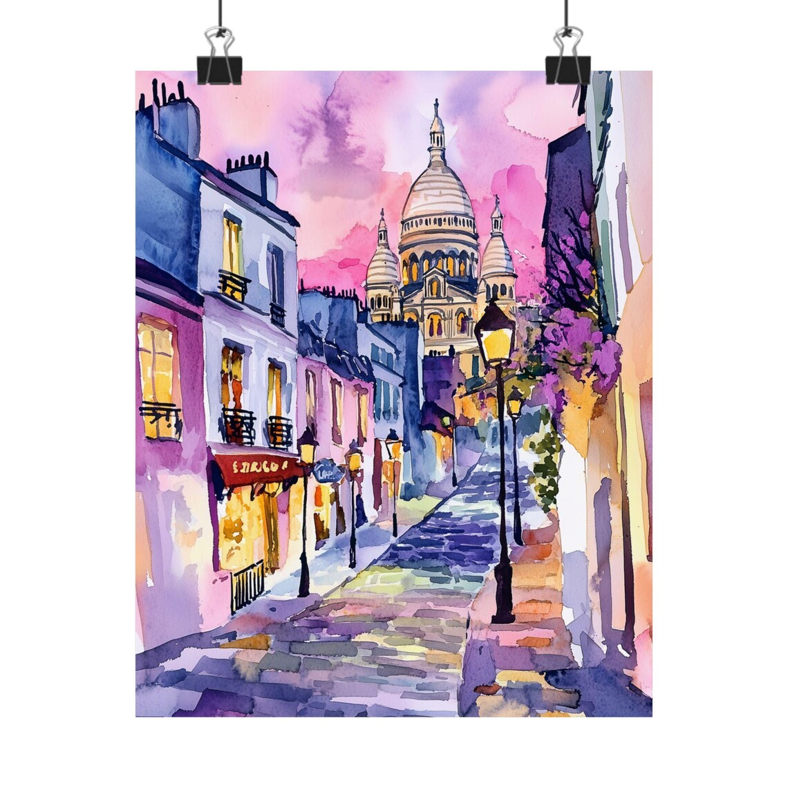 Sacré Coeur at Dusk Montmartre Paris Street Watercolor Poster
