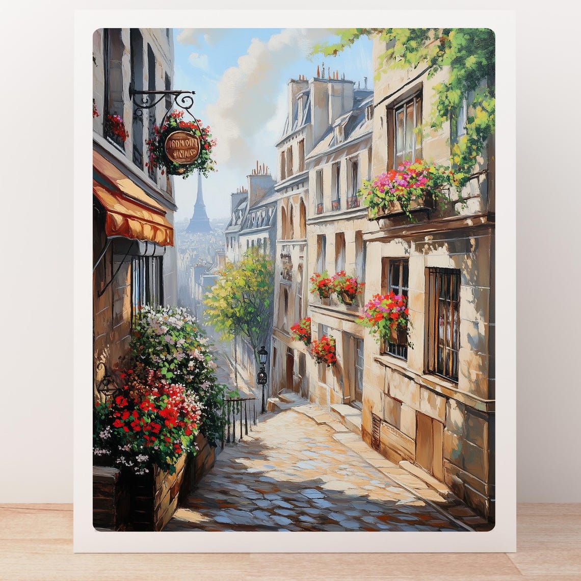 Parisian Cobblestone Street with Eiffel Tower View Flower Shops Poster - Image 5