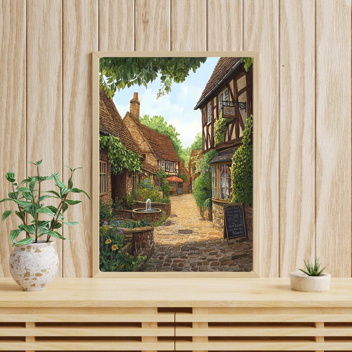 English Village Cobblestone Street Tudor Houses Fountain Poster - Image 4