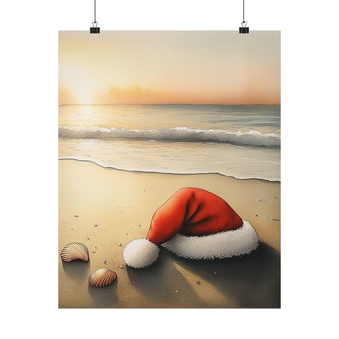 Santa Hat on Beach at Sunrise with Seashells Watercolor Poster - Image 6