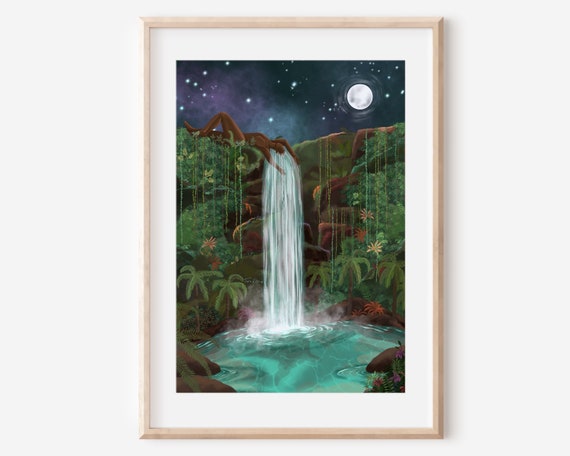 The Waterfall Nature Woman Earthy Artwork Fine Art Illustration Print Mother Nature Gaia Pachamama Celestial Whimsical Concept Art Boho