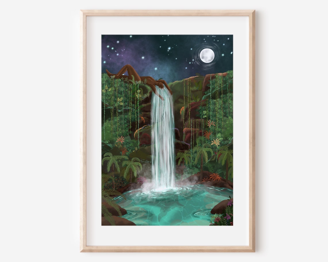 Moonlit Waterfall Woman Bathing Jungle Starry Night Nature Poster