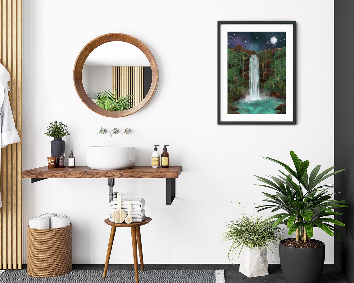Moonlit Waterfall Woman Bathing Jungle Starry Night Nature Poster - Image 2