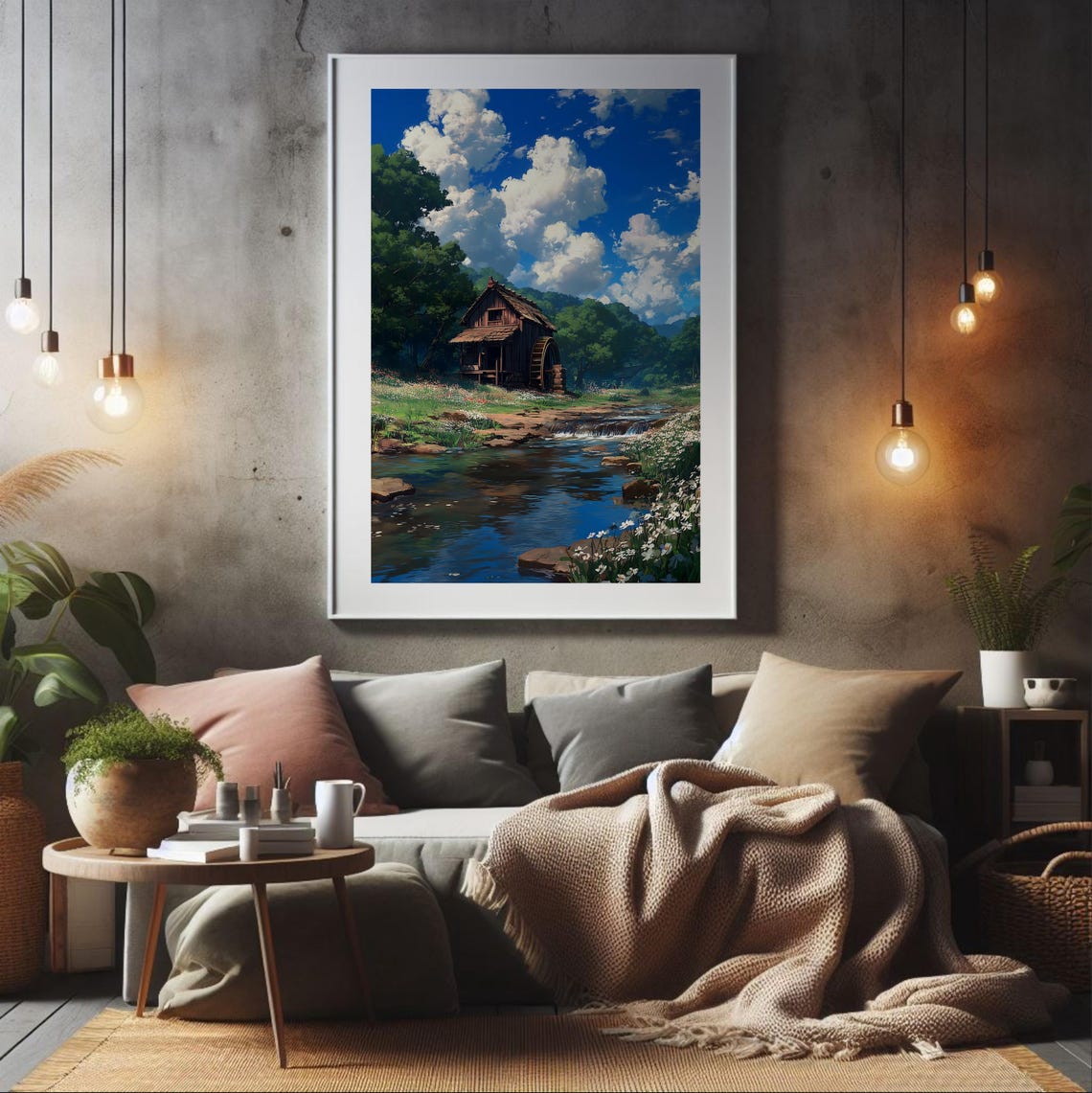 Anime Watermill Riverside Cottage Clouds Rural Landscape Poster
