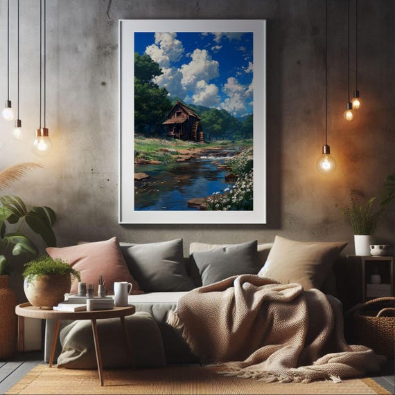 Ghibli Inspired Watermill Print Anime Rural Landscape 5 Sizes Available