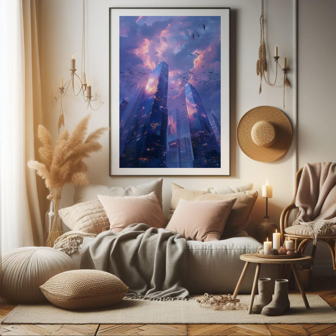 Cinematic Anime Cityscape Skyscrapers Purple Pink Sunset Poster