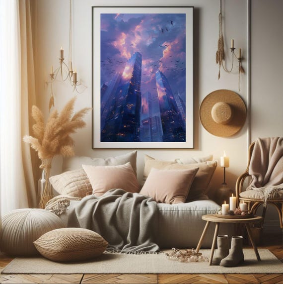 Anime Cityscape Wall Art Print Ghibli Style Sunset 5 Sizes
