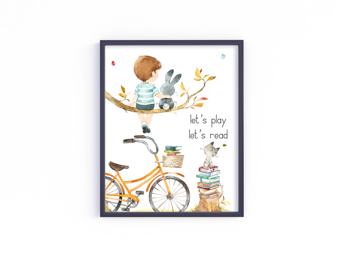 Lets Play Lets Read Boy Bunny Orange Bike Kids Playroom Poster - Image 2