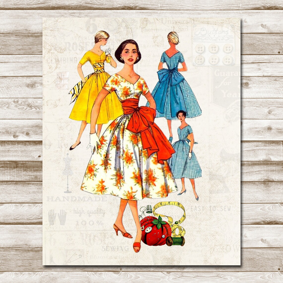 Retro 1950s Sewing Pattern Dress Fashion Craft Room Vintage Poster - Image 4