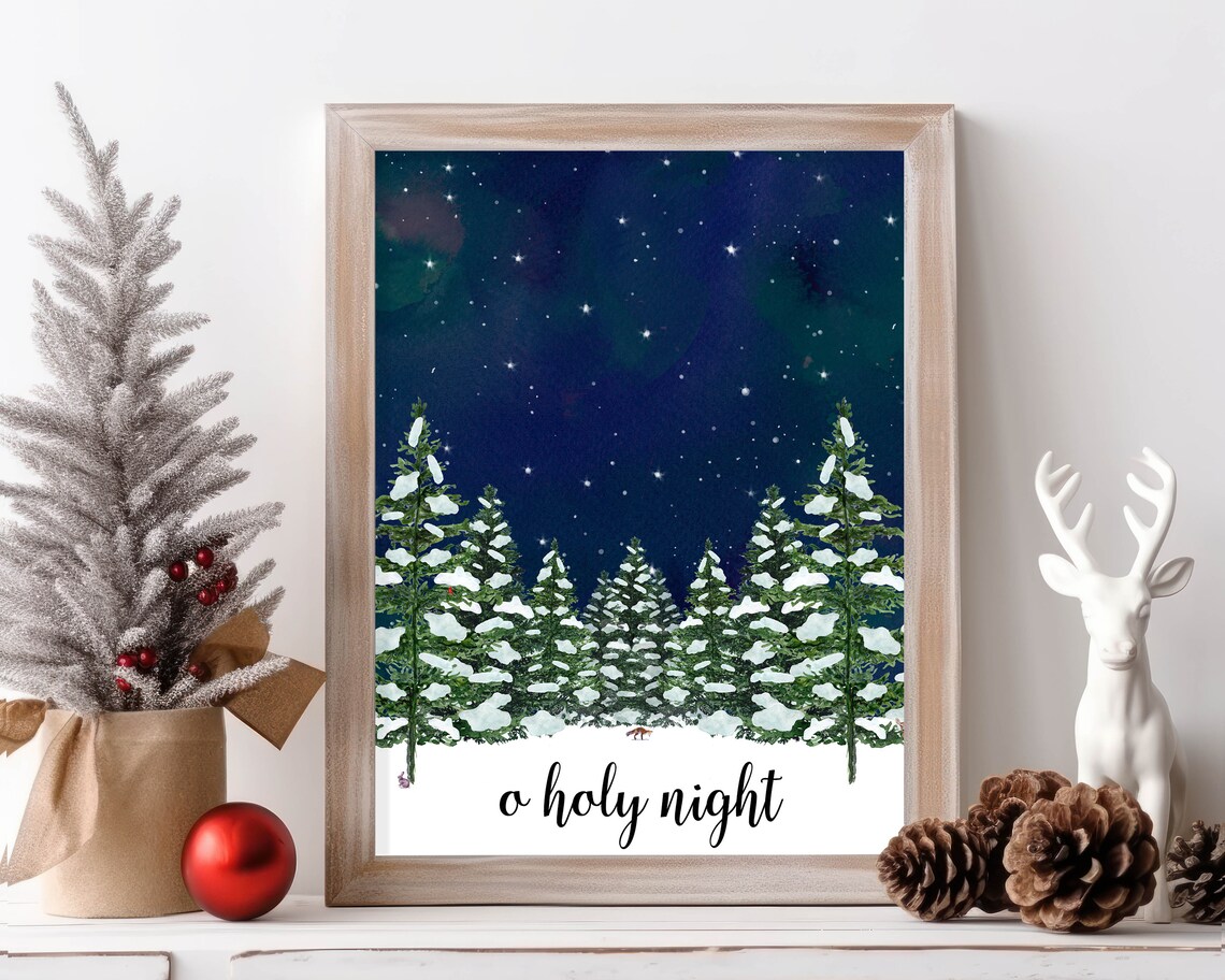 O Holy Night Starry Sky Watercolor Snowy Pine Forest Christmas Poster