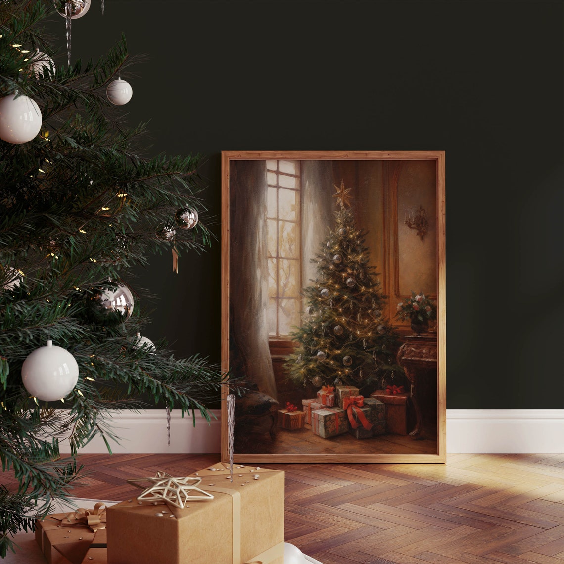 Christmas Tree with Gifts by the Window Vintage Warm Holiday Poster - Image 2