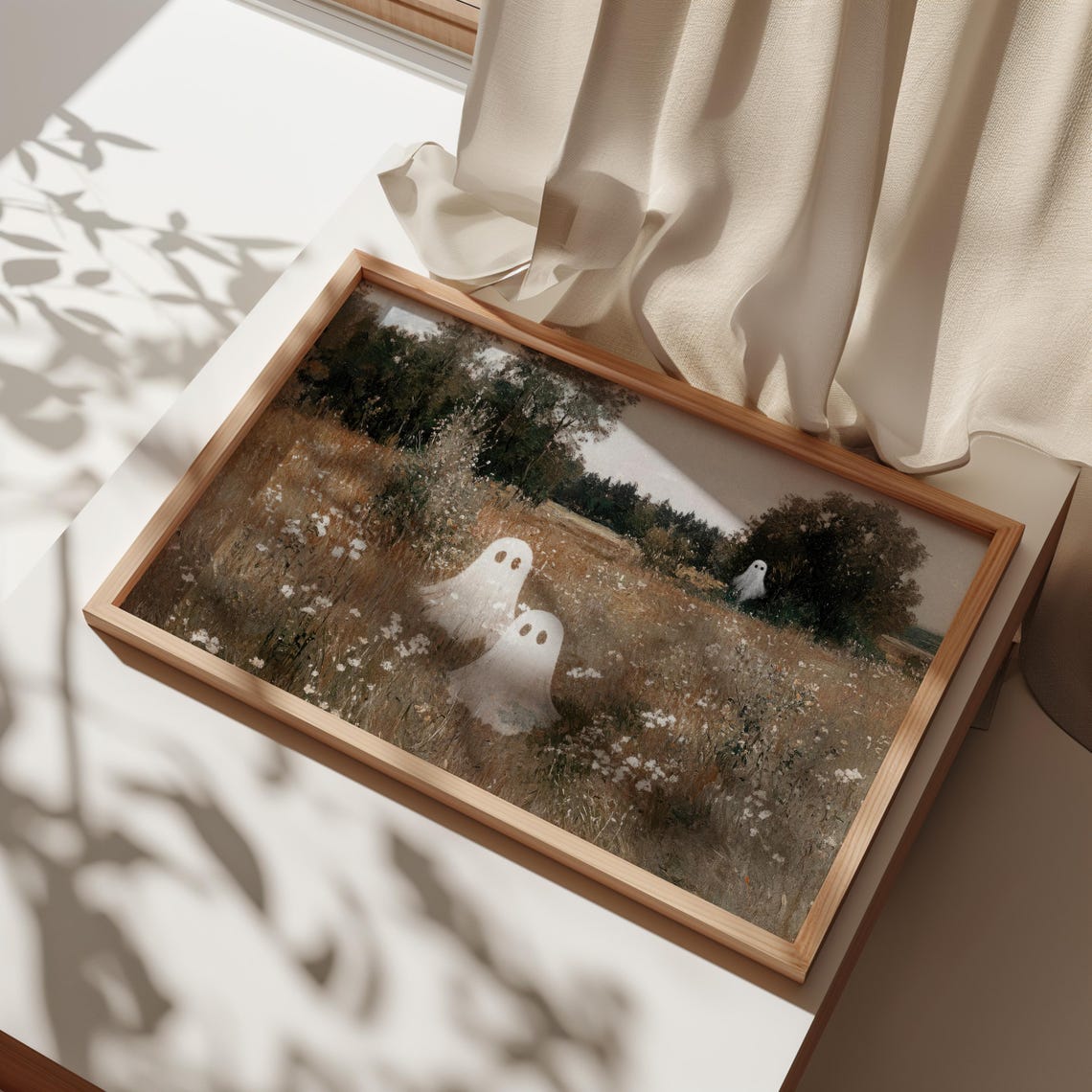 Three Cute Sheet Ghosts in an Autumn Meadow Painting Art Poster - Image 2