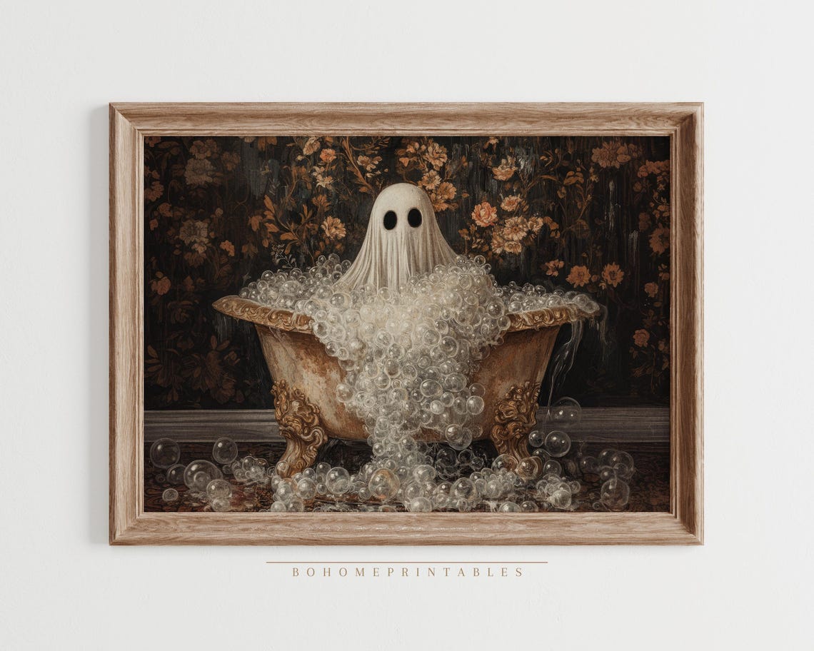 Whimsical Ghost Overflowing Bubble Bath Dark Floral Halloween Poster