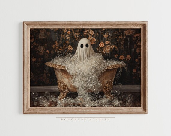Whimsical Ghost Overflowing Bubble Bath Dark Floral Halloween Poster