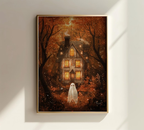 Cute Ghost Before a Glowing Stone Cottage in Autumn Woods Poster