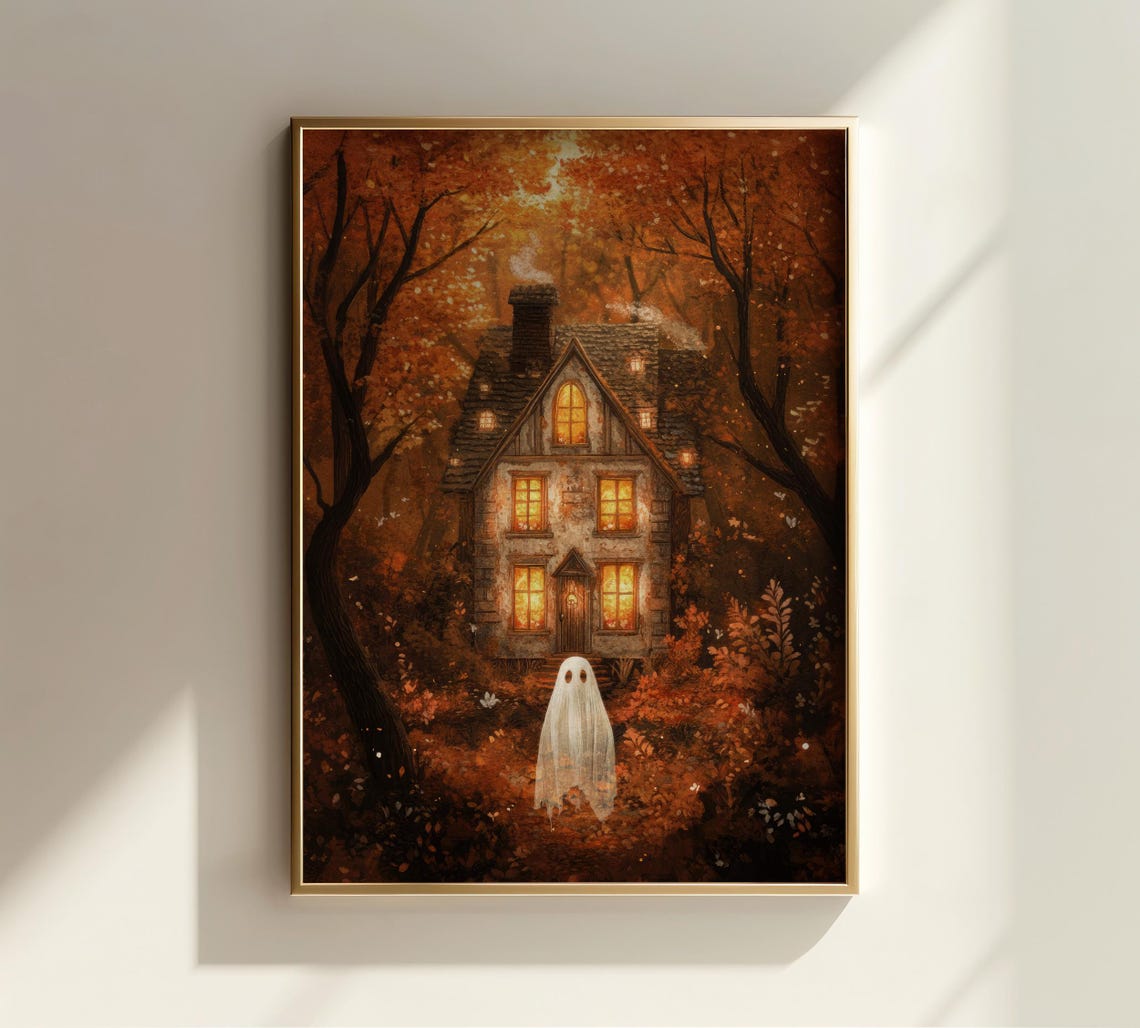 Cute Ghost Before a Glowing Stone Cottage in Autumn Woods Poster