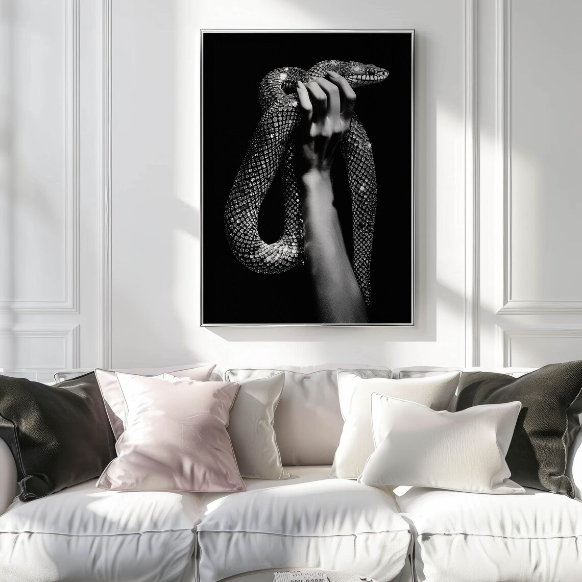 Sparkling Jeweled Snake in Hand Moody Black and White Fashion Poster - Image 2