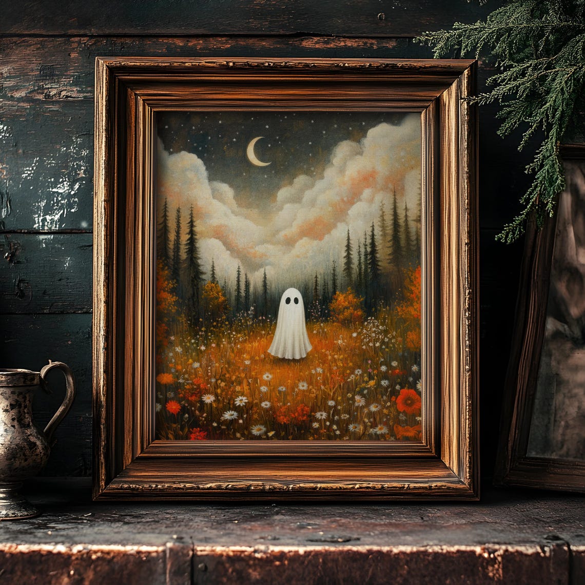 Cute Ghost in a Golden Autumn Wildflower Meadow at Night Poster - Image 2